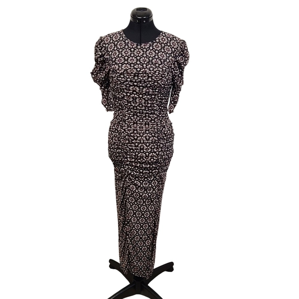 Free People Floral Ruched Long Sleeve Maxi Dress Purple White Black Size XS